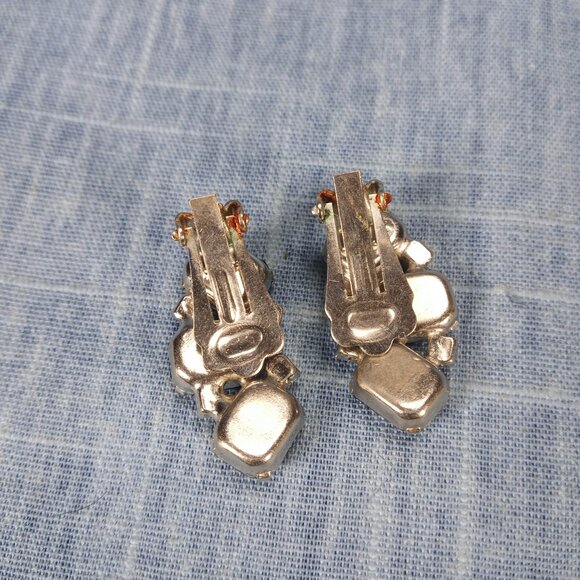 1950s Vintage Clip Earrings: Crescent Shaped with Black and Clear Rhinestones - Picture 4 of 6